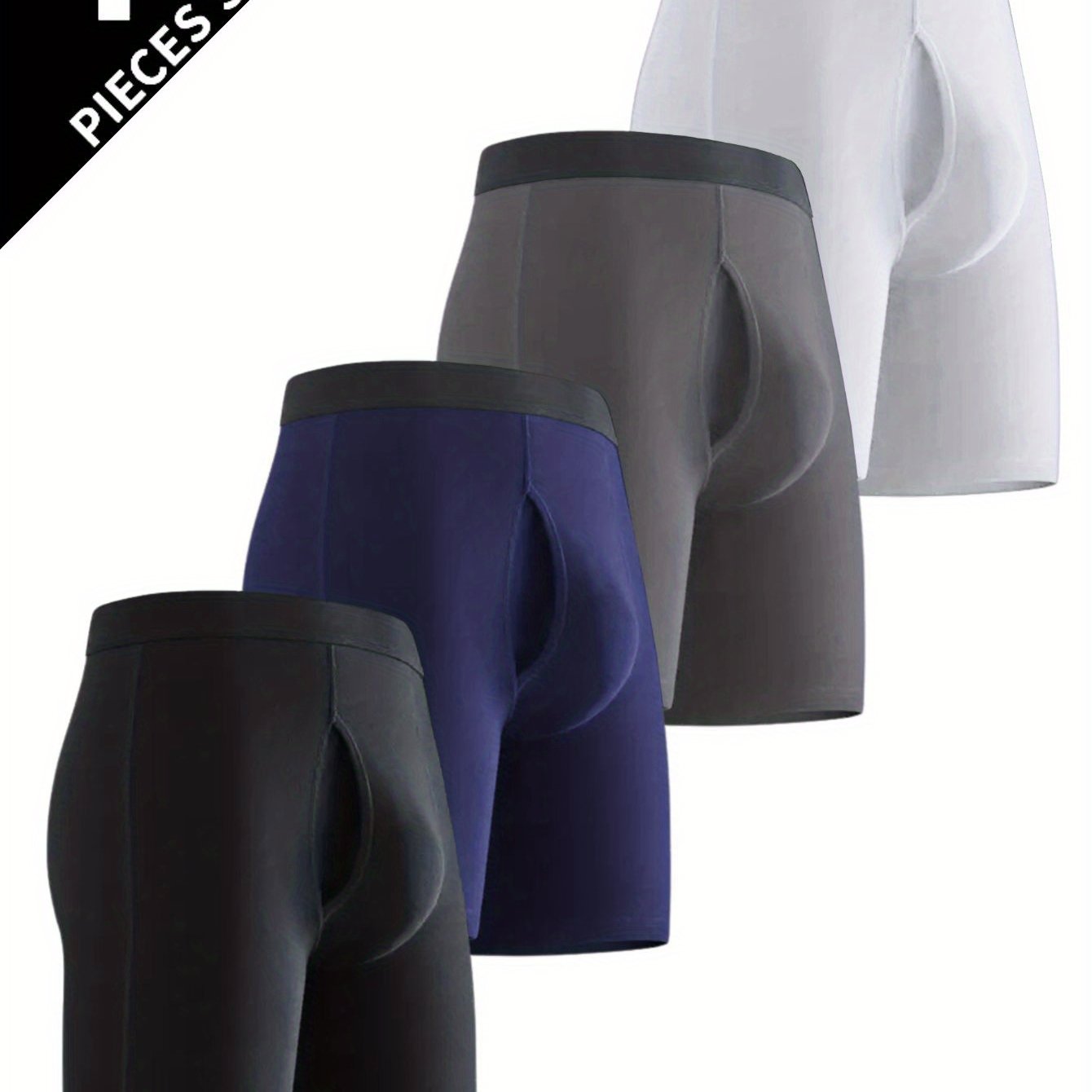 Men's Long Boxer Briefs with Fly Breathable Stretchy Polyester for Running Hiking Cycling Pack of 4
