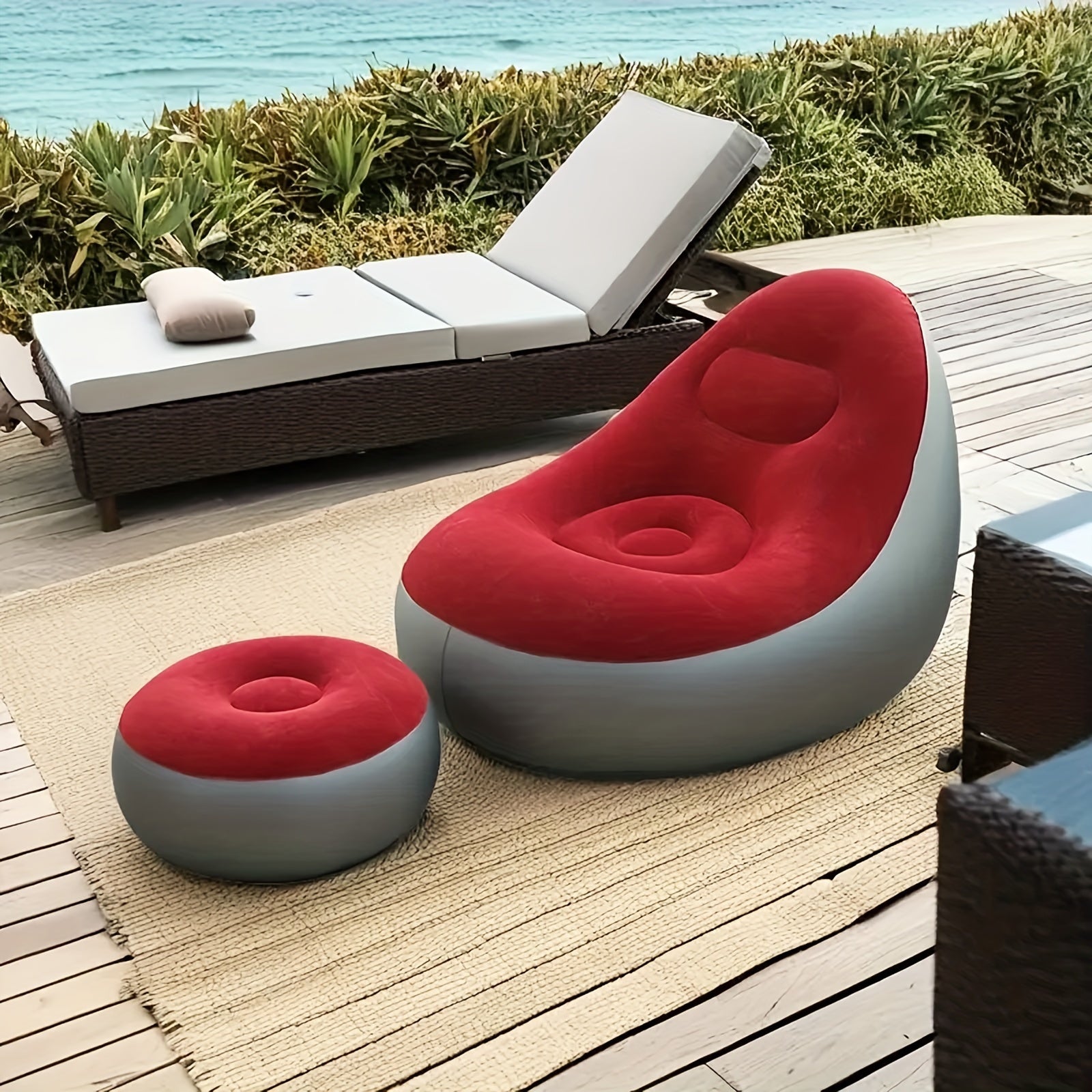 Sofá inflable portátil con reposapiés, sillón de exterior plegable, rojo