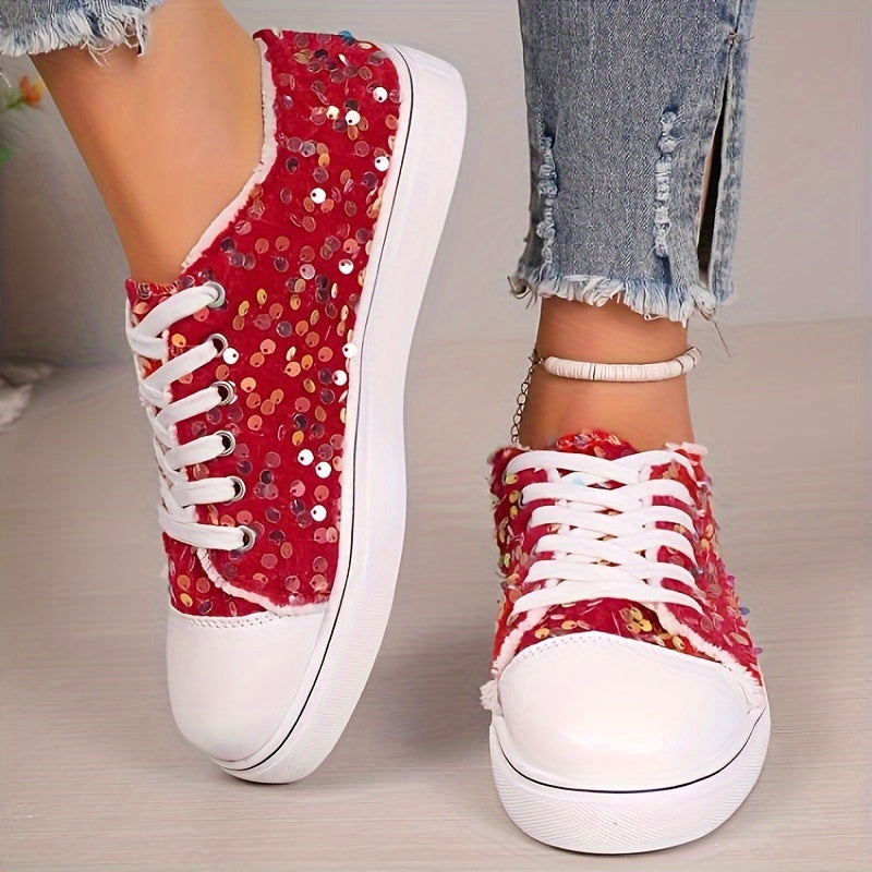 Women's Sequin Decor Casual Laced Low-Top Sneakers