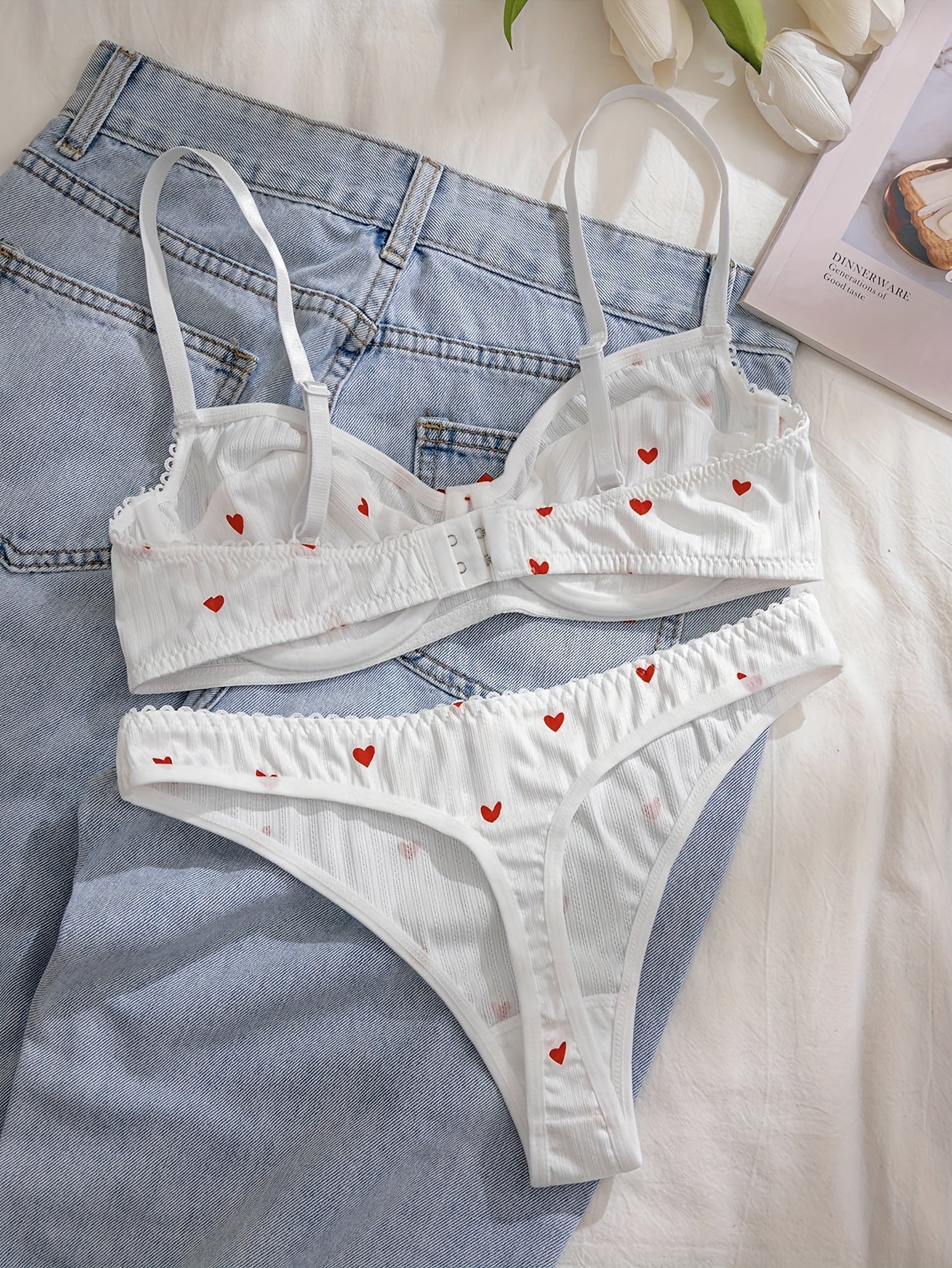 Women Love Print Bow Lingerie Set Polyester Heart Pattern
