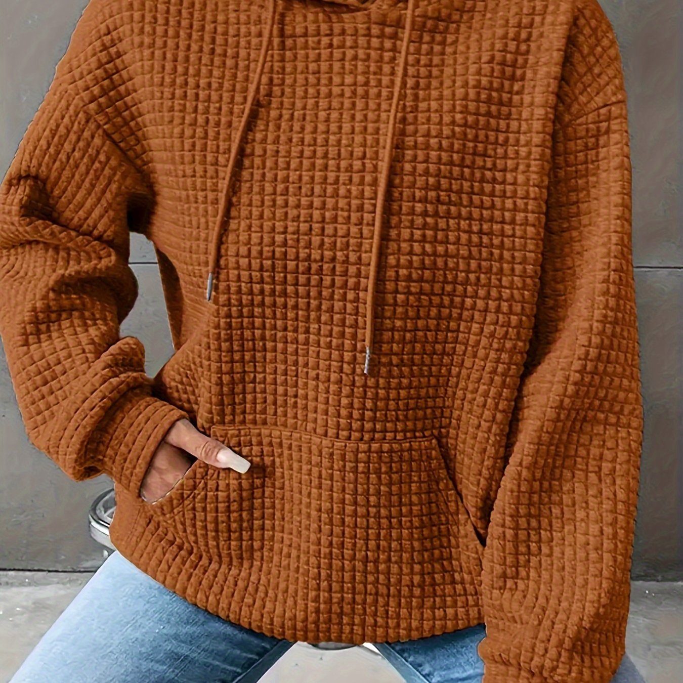 Plus Size Waffle Hoodie Long Sleeve Casual Kangaroo Pocket Sweatshirt