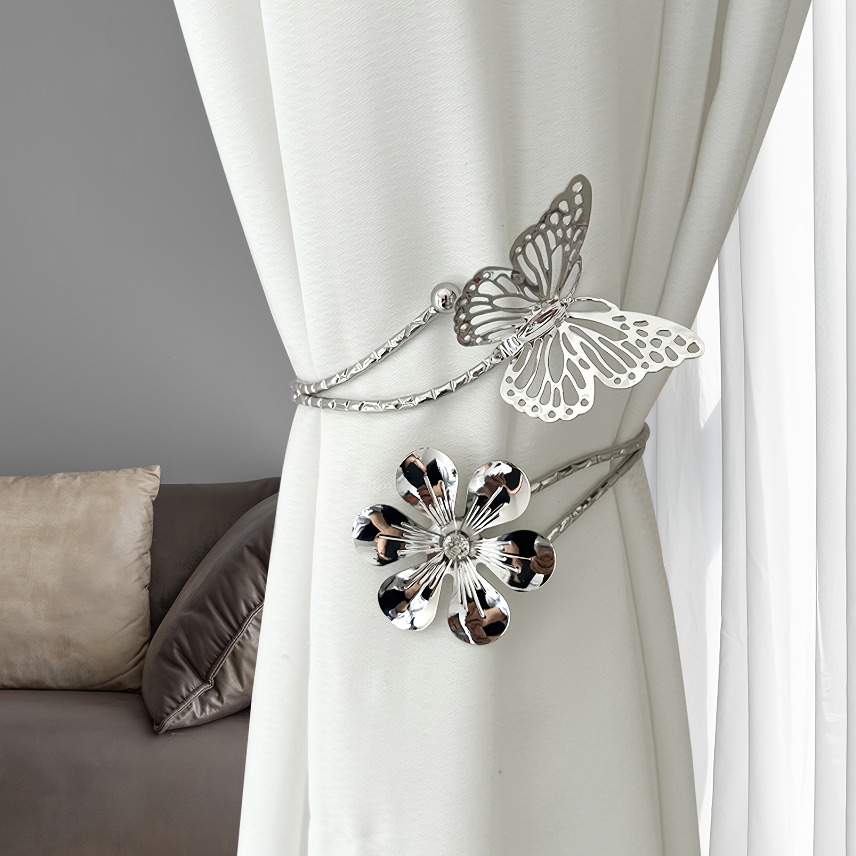 Set of 2 Gold and Silver Flower Butterfly Curtain Tiebacks Hollowed-Out Buckles