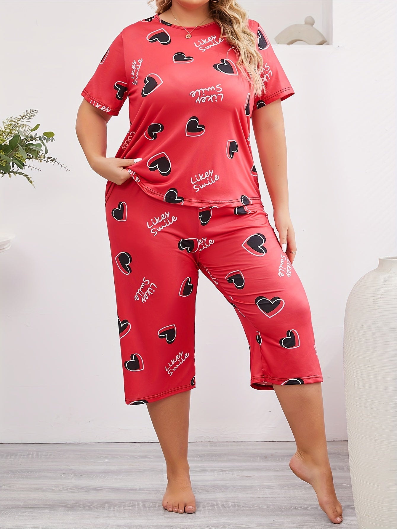Women's Plus Size Heart and Letter Print Pajama Set Short Sleeve Lounge Two Piece