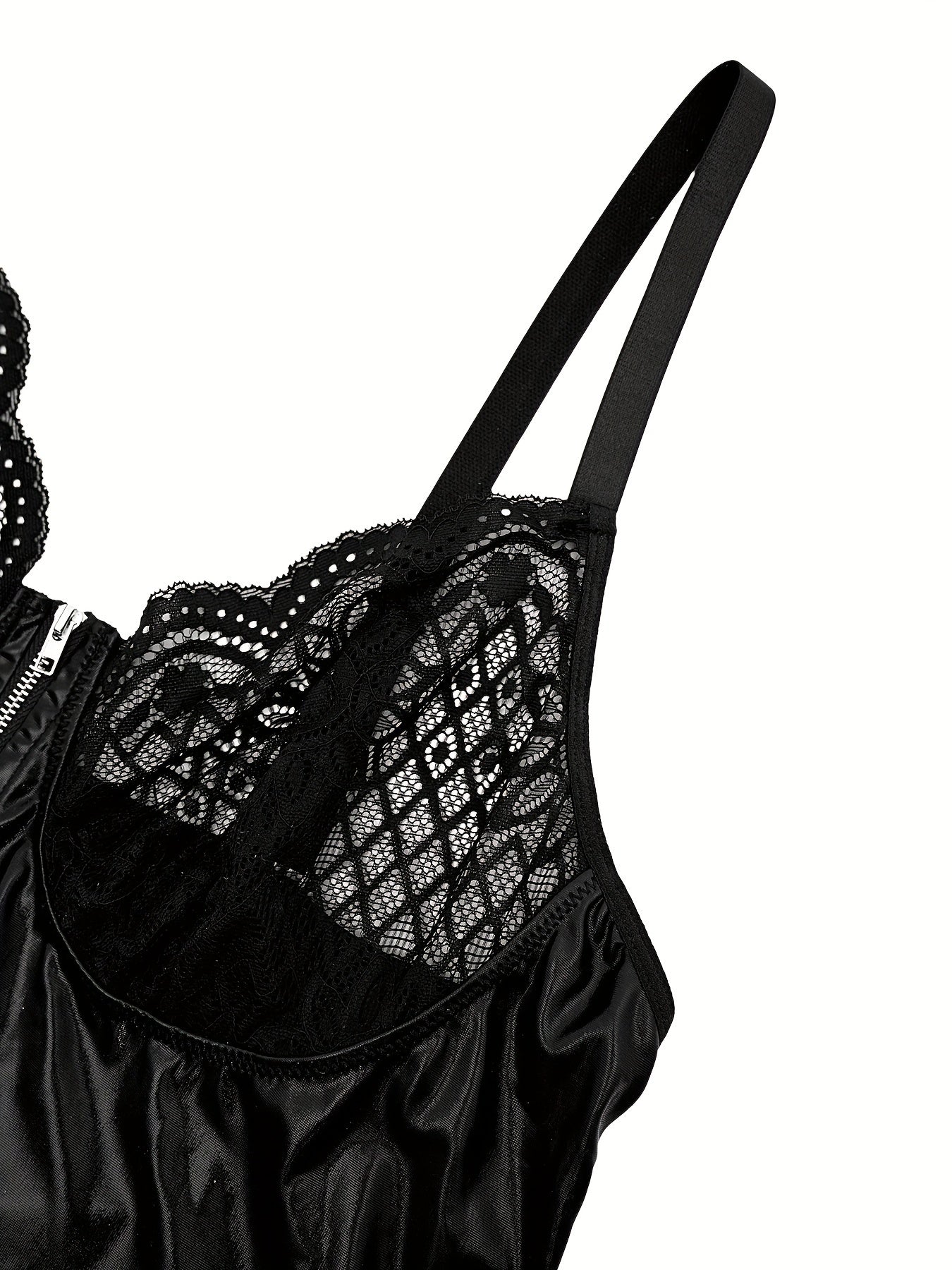 Women's Lace-Trimmed PU Slip Dress and Thong Set Semi-Sheer Stretchy Polyester