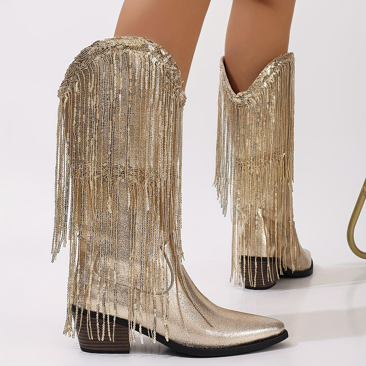 Women's Solid Color Western Cowboy Boots with Tassels and Chunky Heels