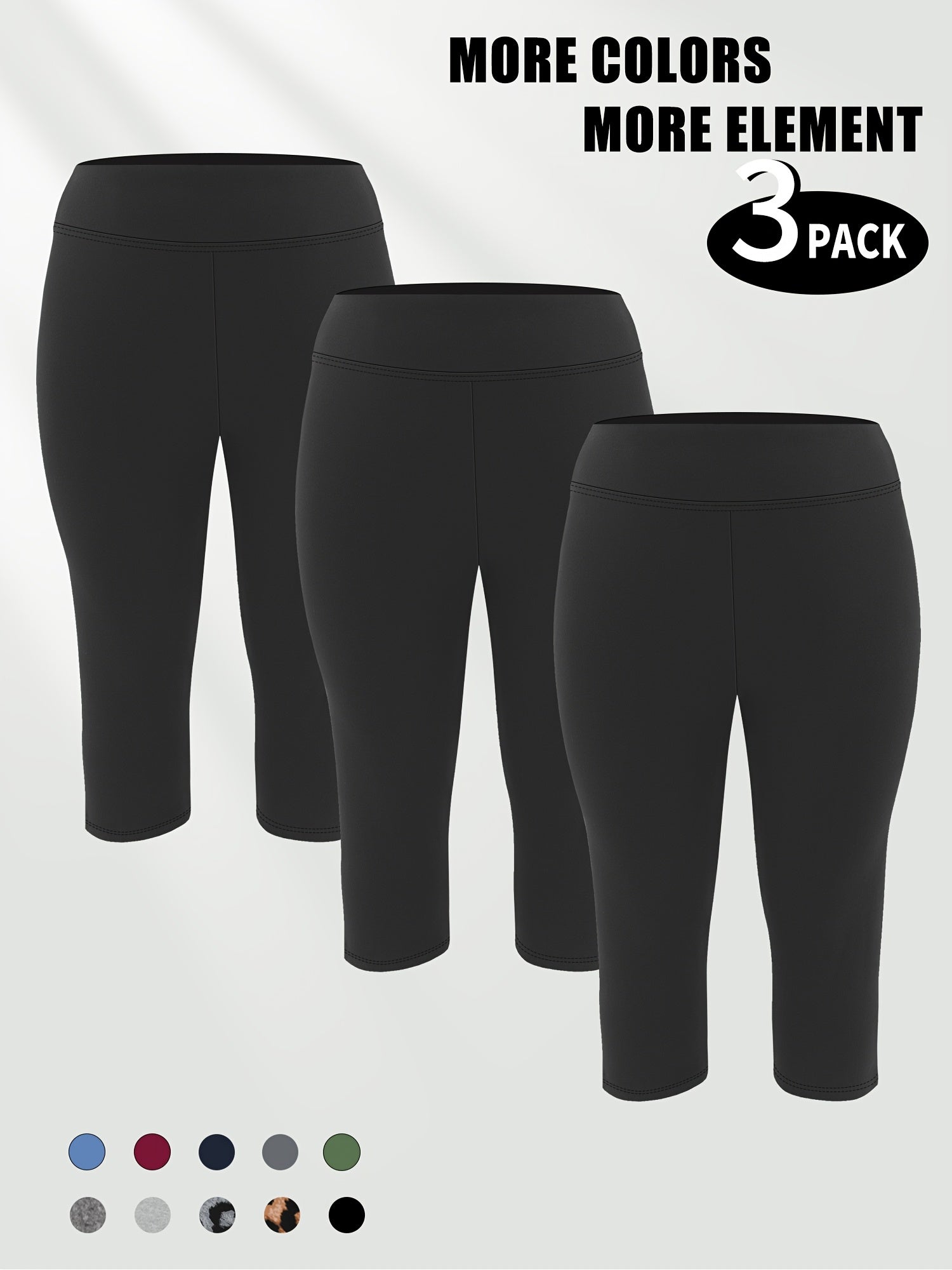 Plus Size High-Waist Capri Leggings Stretch Polyester Elastane Solid Color 3 Pack