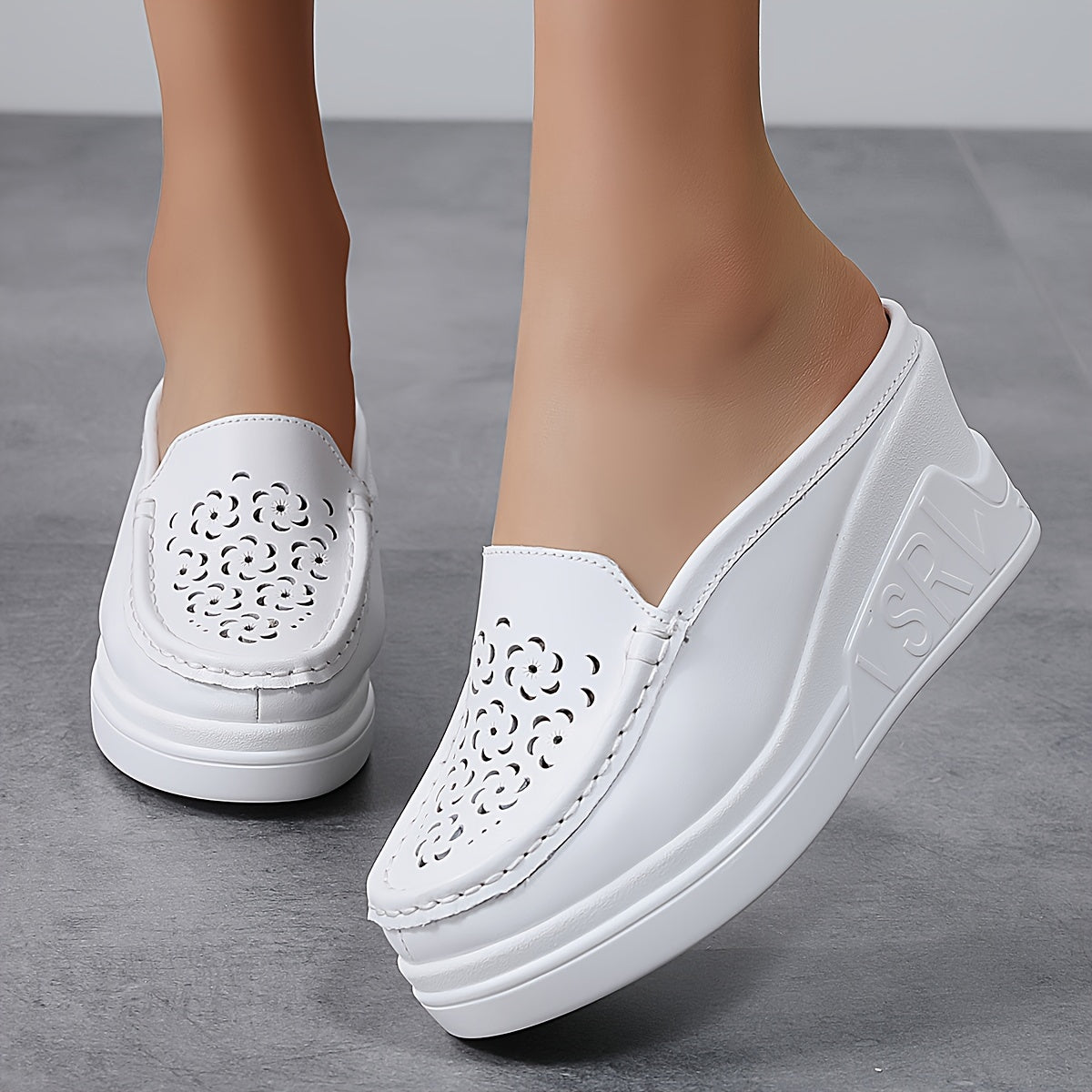 Women's Faux Leather Platform Sandals Slip-On Mules Hollow Out Casual Shoes