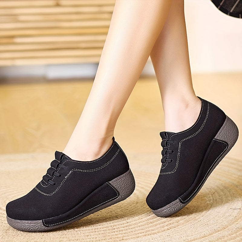 Women's Casual Lace-Up Platform Wedge Sneakers Black Synthetic All-Season Comfort