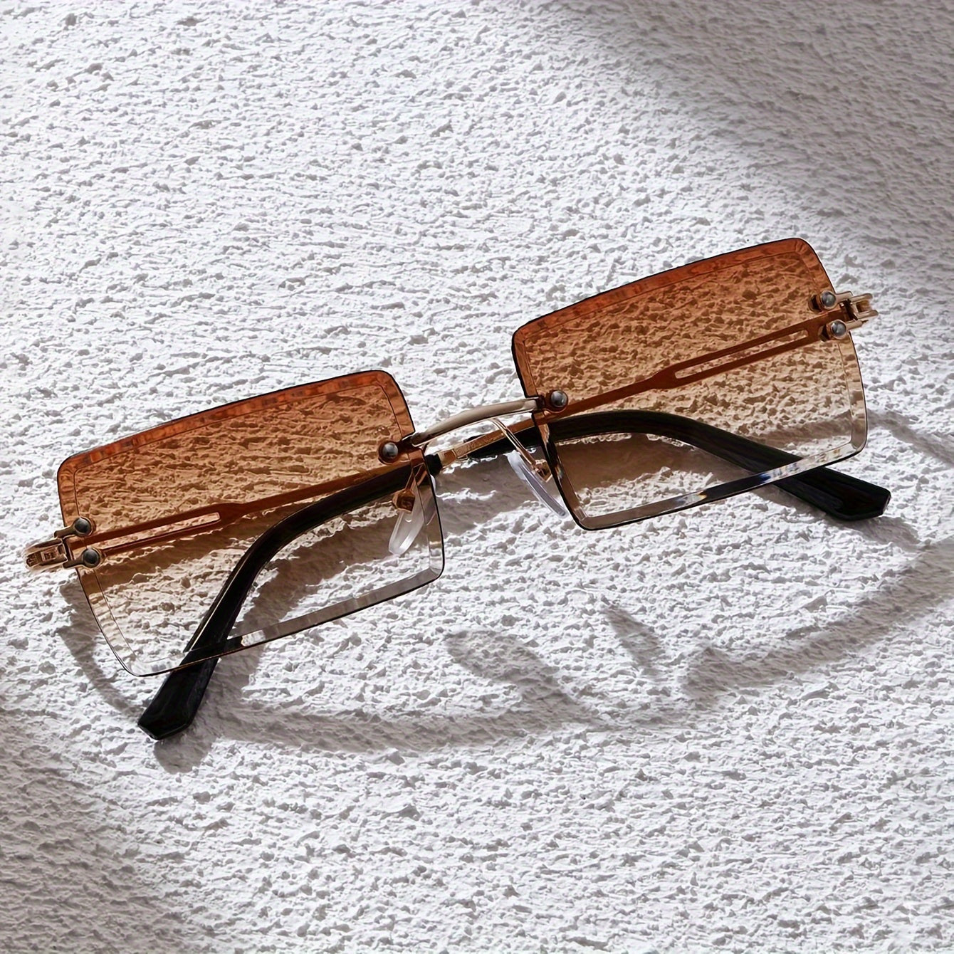 Gafas rectangulares sin montura con lentes de degradado, set de 3, marco de metal, acabado espejado para playa y viajes