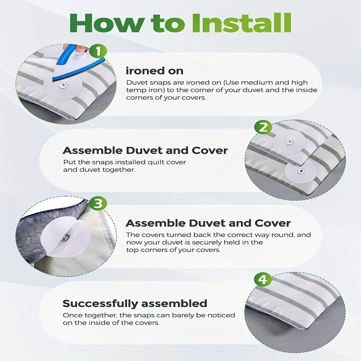 Set of 8 White Metal Quilt Clips for Sheets and Duvets, Iron-On and Stick-On