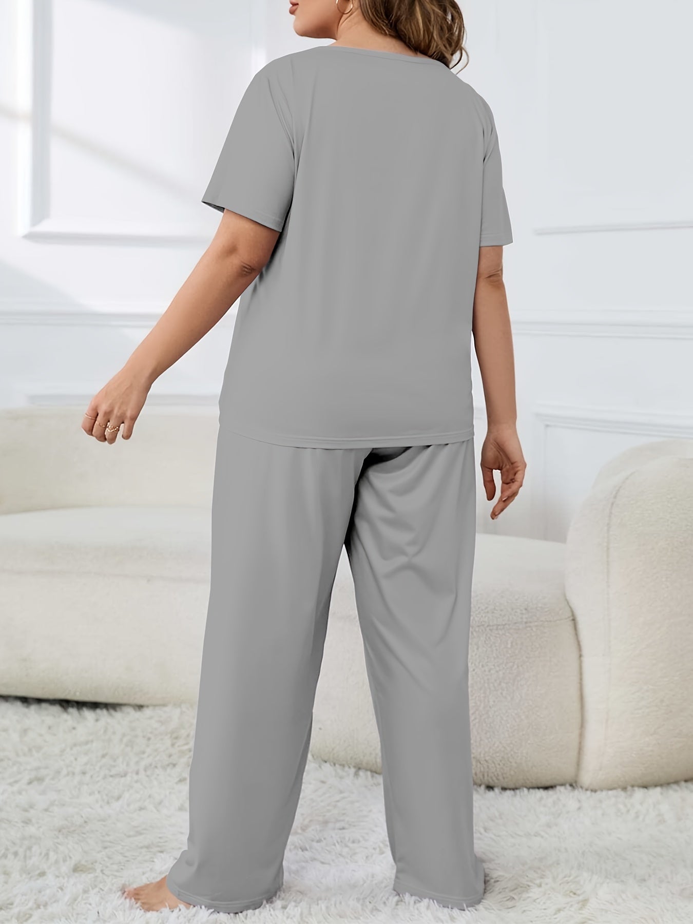 Plus Size Pajama Set with Printed Top and Casual Pants for Women