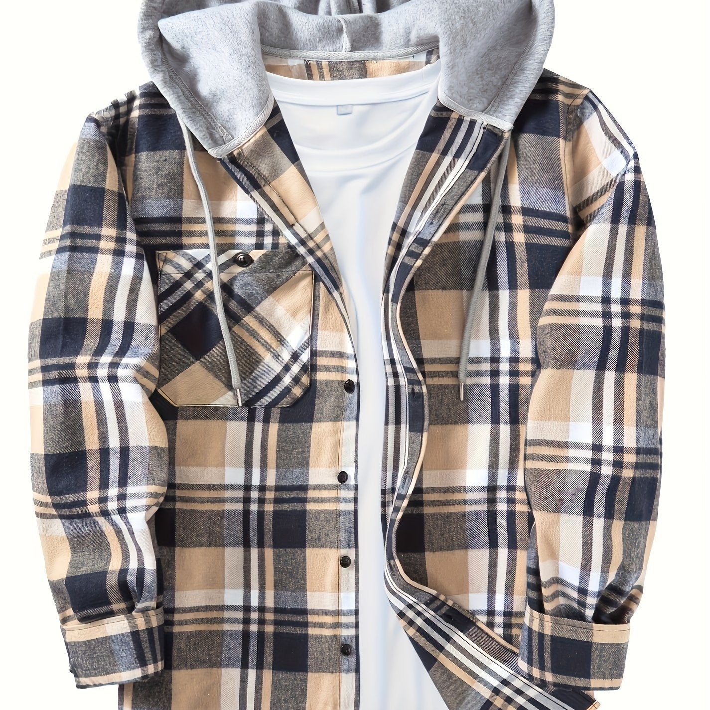 Men's Plaid Hooded Shirt Polyester Blend Casual Spring Fall Loose Fit Button Details
