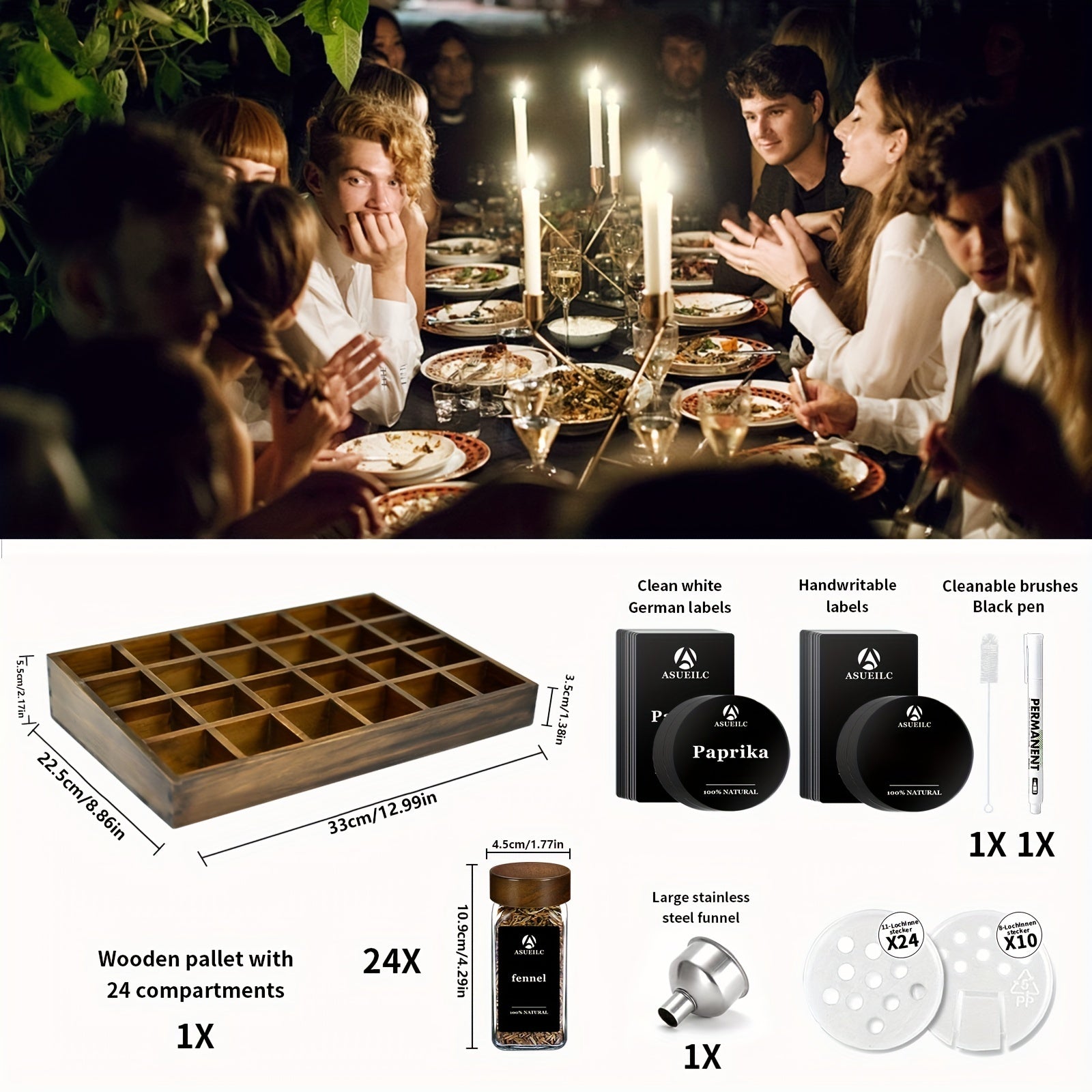 24-Piece Sandalwood Spice Rack Set with Glass Jars and Waterproof Labels