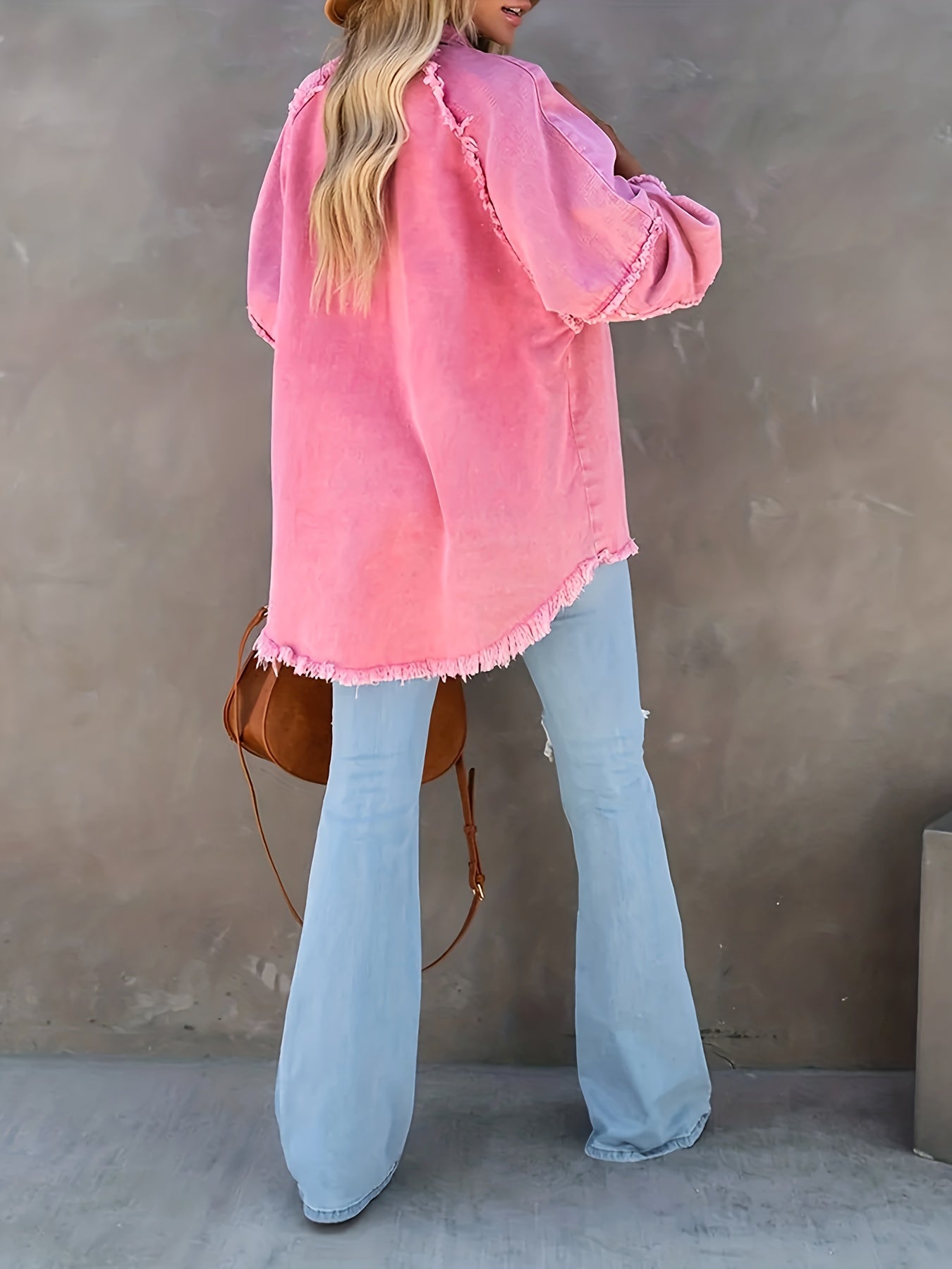 Plus Size Women's Denim Jacket Long Sleeve Button Up Fringe Trim