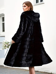 Plus Size Faux Fur Coat with Pockets and Hood for Winter