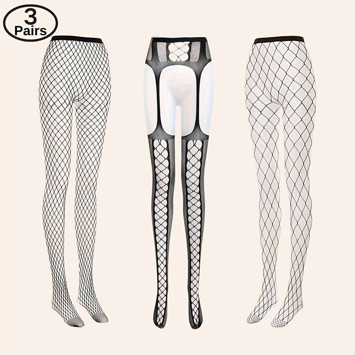 Women's Fishnet Stockings Set with Garter Belts and Thong