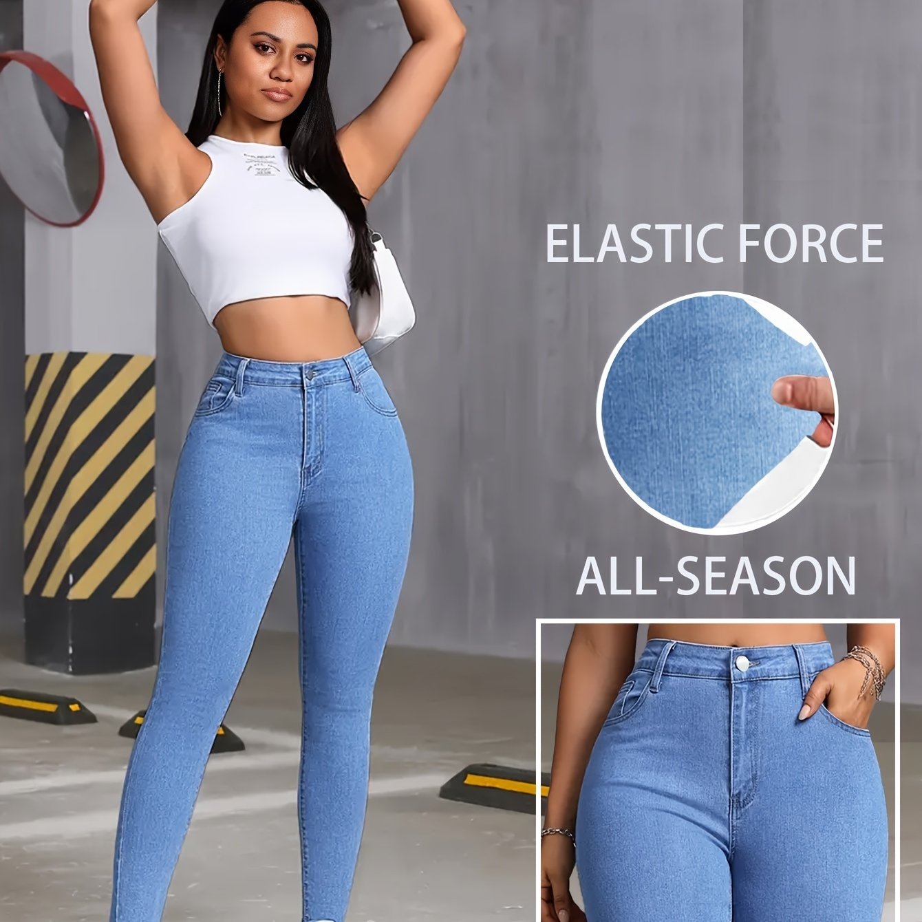 Jeans ajustados de talle alto para mujer de talla grande en mezclilla elástica negra