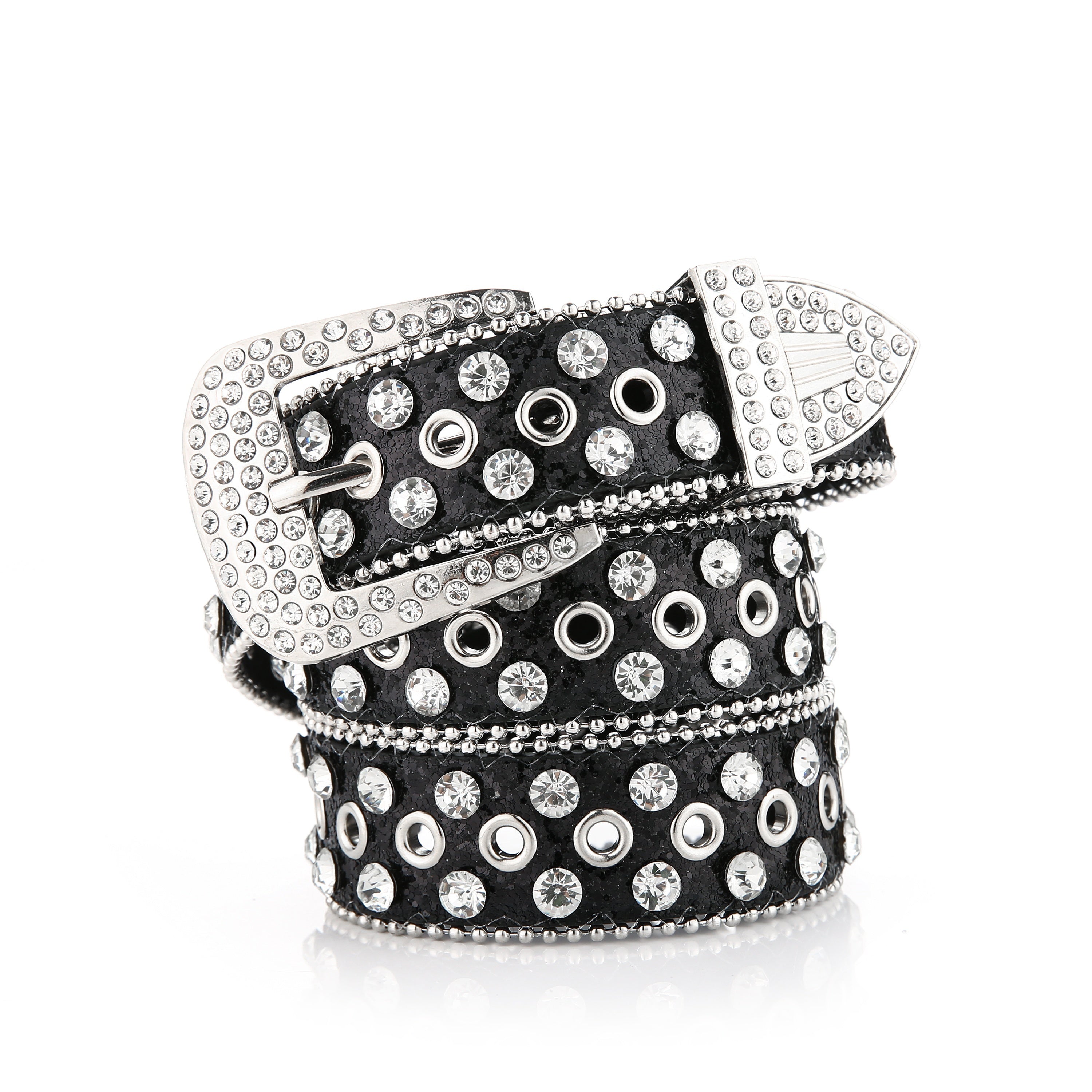 Women's Leather Belt with Sparkling Diamonds Pearl Decorations and Gold Buckle