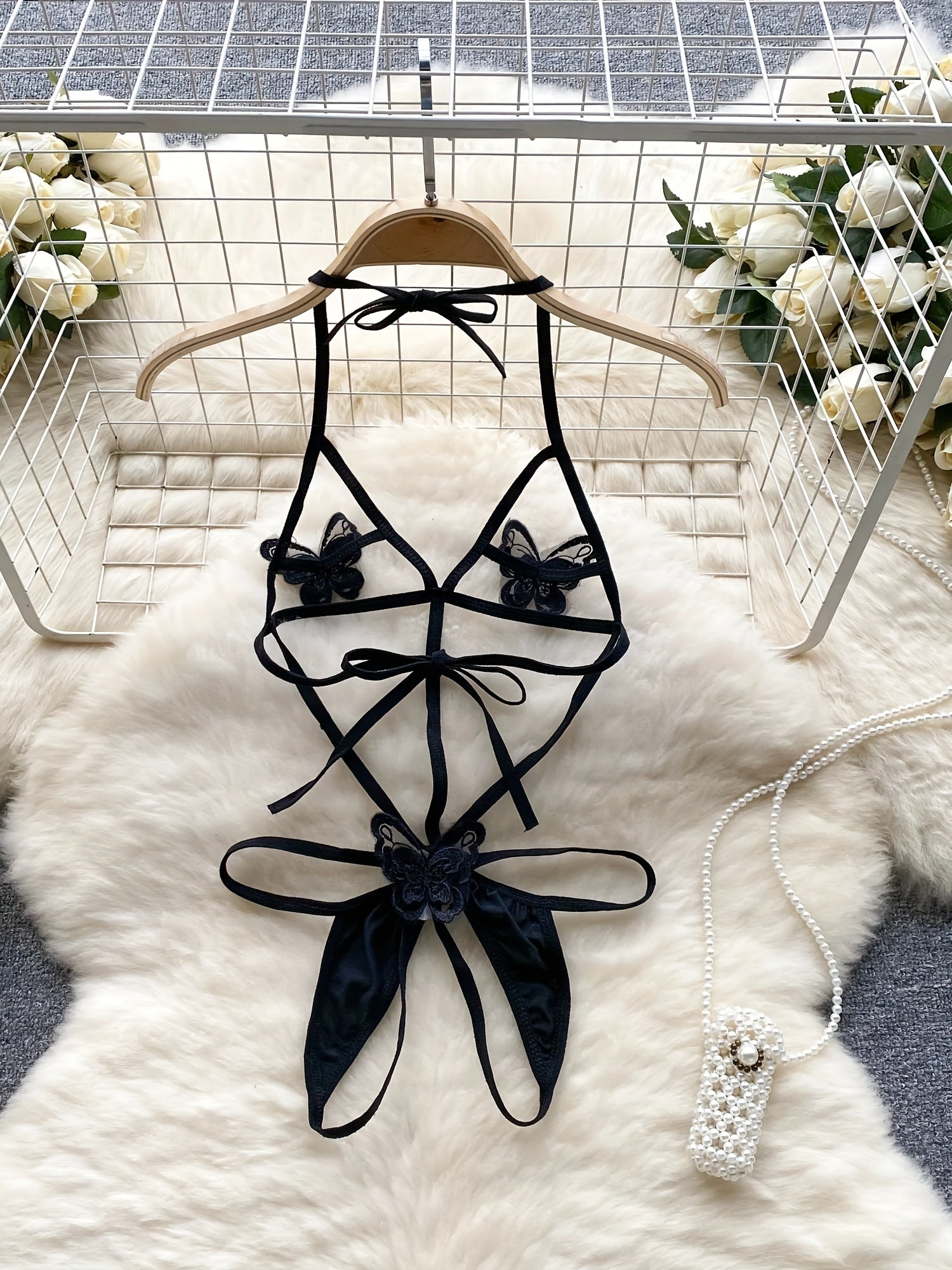 Women's Lingerie Set Halter Teddy with Butterfly Patch and Open Crotch