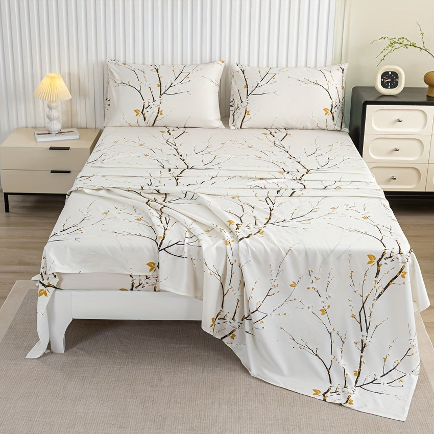Floral Branch Microfiber Fitted Sheet Set with Deep Pockets and Pillowcases