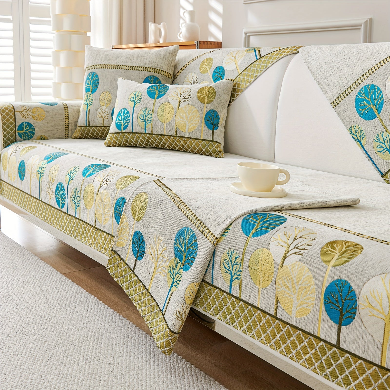 Boho Chic Jacquard Chenille Sofasi Qoplamasi Oygʻon Daraxt Mavzusi Boshqalar uchun Yoqimli Qattiq Yuvilishi Oʻz-oʻzidan yopishmaydigan Bardoshli Qalinlashtirilgan 4 oʻrindiqli kresloni mos keladi