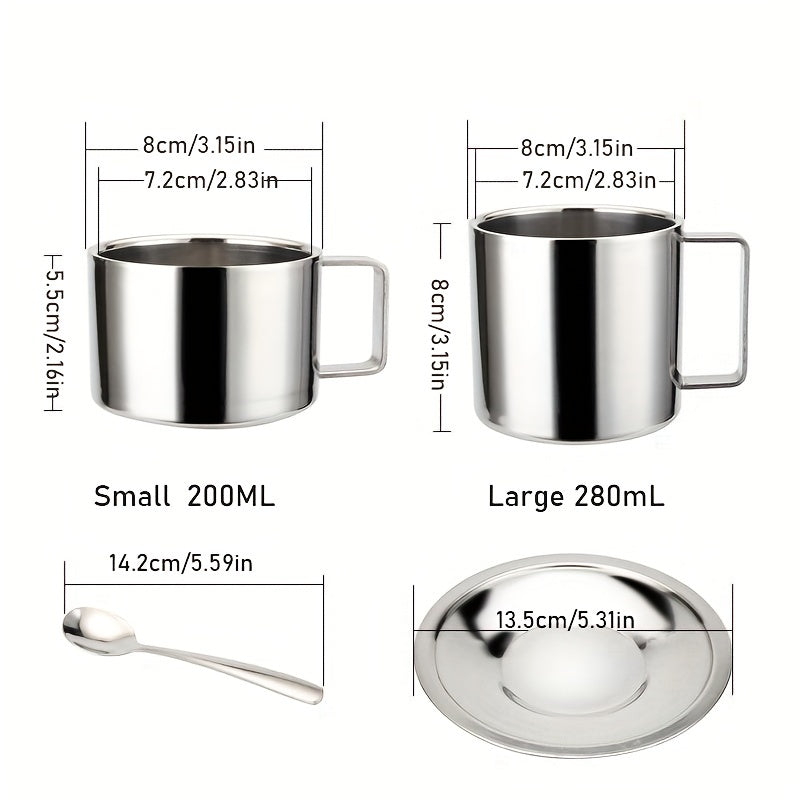 3pcs Stainless Steel European Coffee Cup Set with Spoons & Saucer