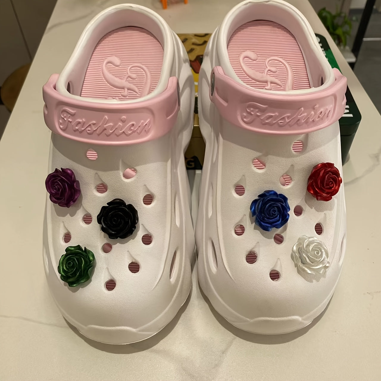 Women's Breathable EVA Clogs with 3D Rose Design, Platform Heel, Indoor Outdoor