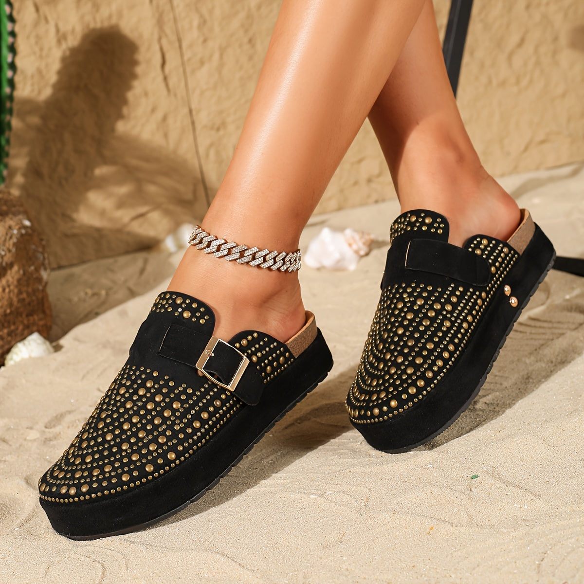 Women's Rhinestone Beach Mules Casual Slip-On Thick Sole Sandals