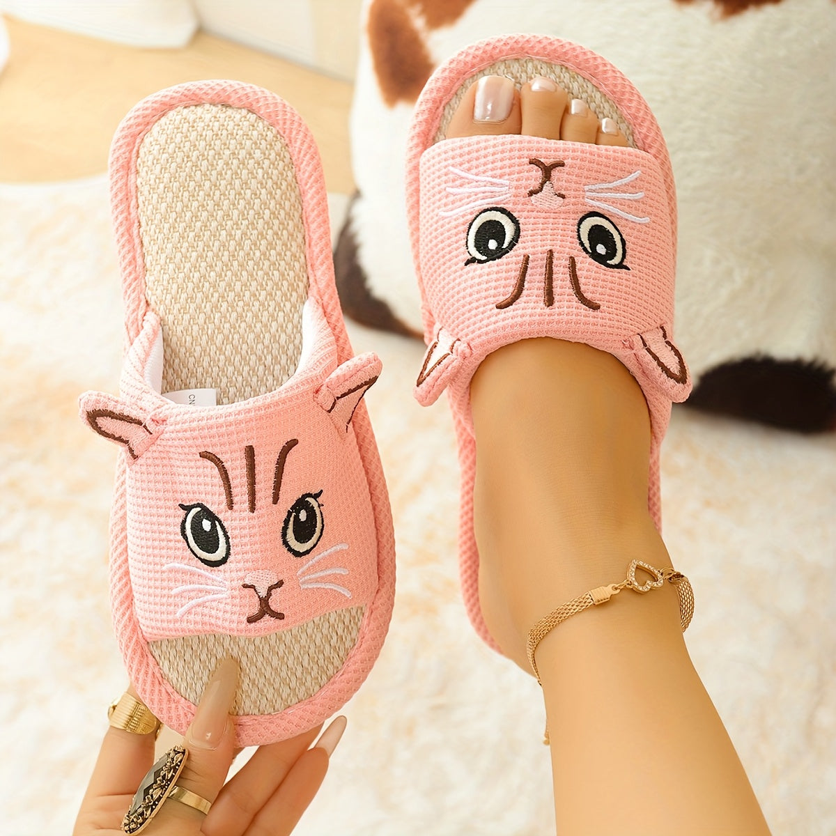 Women's Cat Slippers Open-Toe Pink Cushioned Indoor Outdoor Shoes