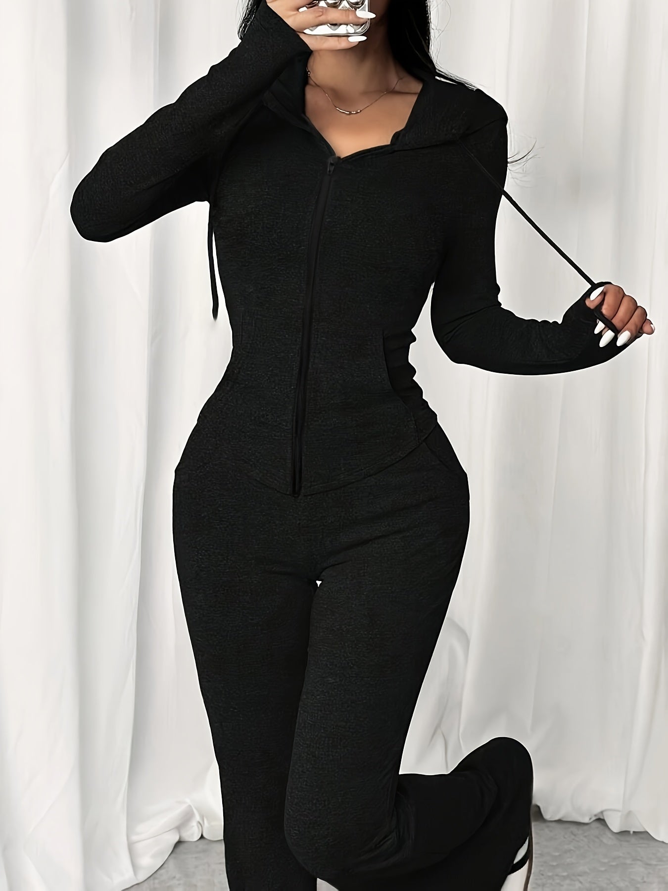 Women's Casual Sportswear Set Hooded Polyester Spandex Tracksuit with Pockets