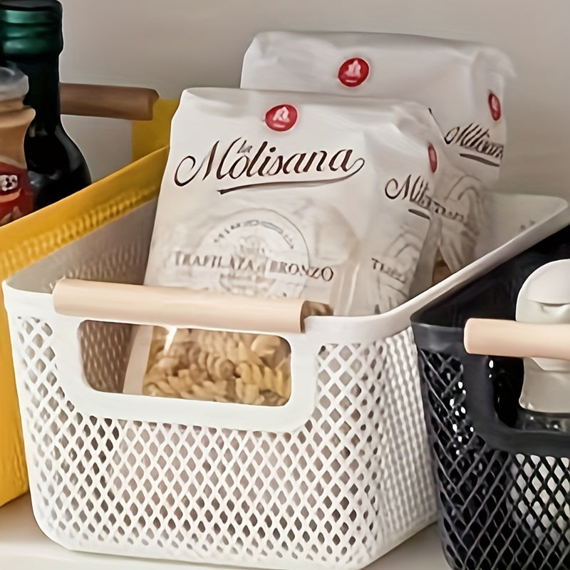 Rectangular Storage Basket with Wooden Handles, Multi-Compartment, Versatile Use for Bathroom Kitchen Bedroom Office Outdoors