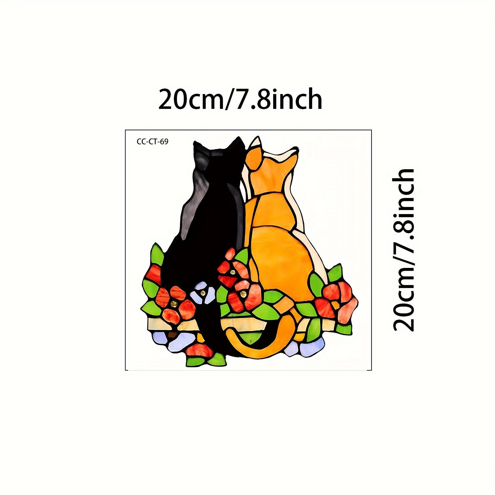 Decorative Stained Glass Window Sticker Black and Orange Cat Flowers 20cm