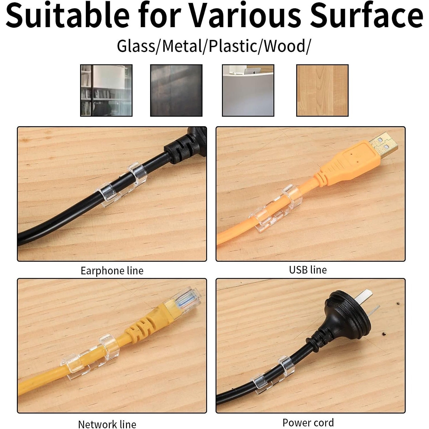 120-Pack Clear Adhesive PC Cable Clips for Wire Organization in Home and Office