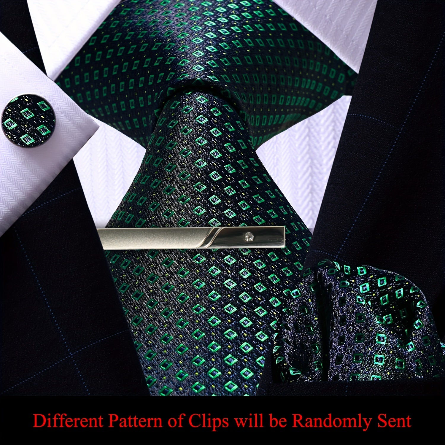 Men's Plaid Tie Pocket Square Cufflinks and Clip Set