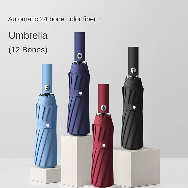 24-Rib Folding Umbrella UV Protection Windproof Waterproof Black Vinyl All Weather