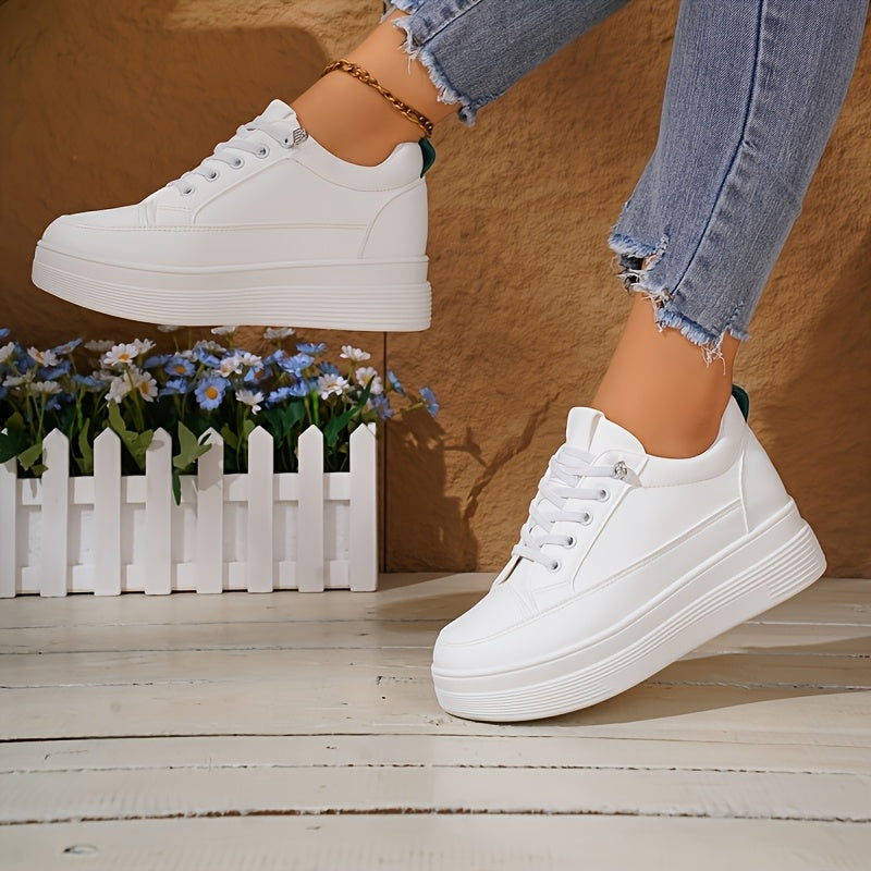 Women's White Sneakers with Inner Height Increase Casual Low-Top Lace-Up Shoes