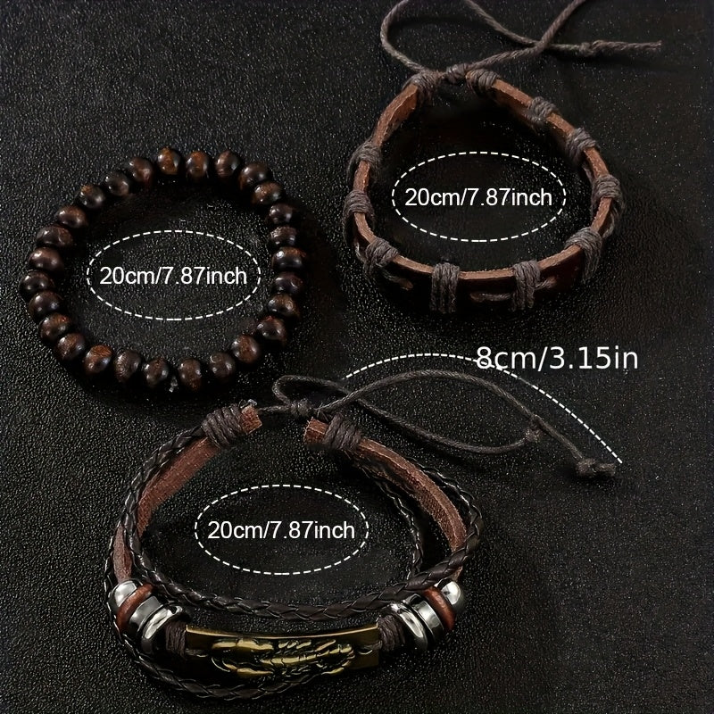Conjunto de reloj de cuarzo para hombre con correas de imitación de cuero marrón, caja de aleación, función de calendario y pulseras a juego
