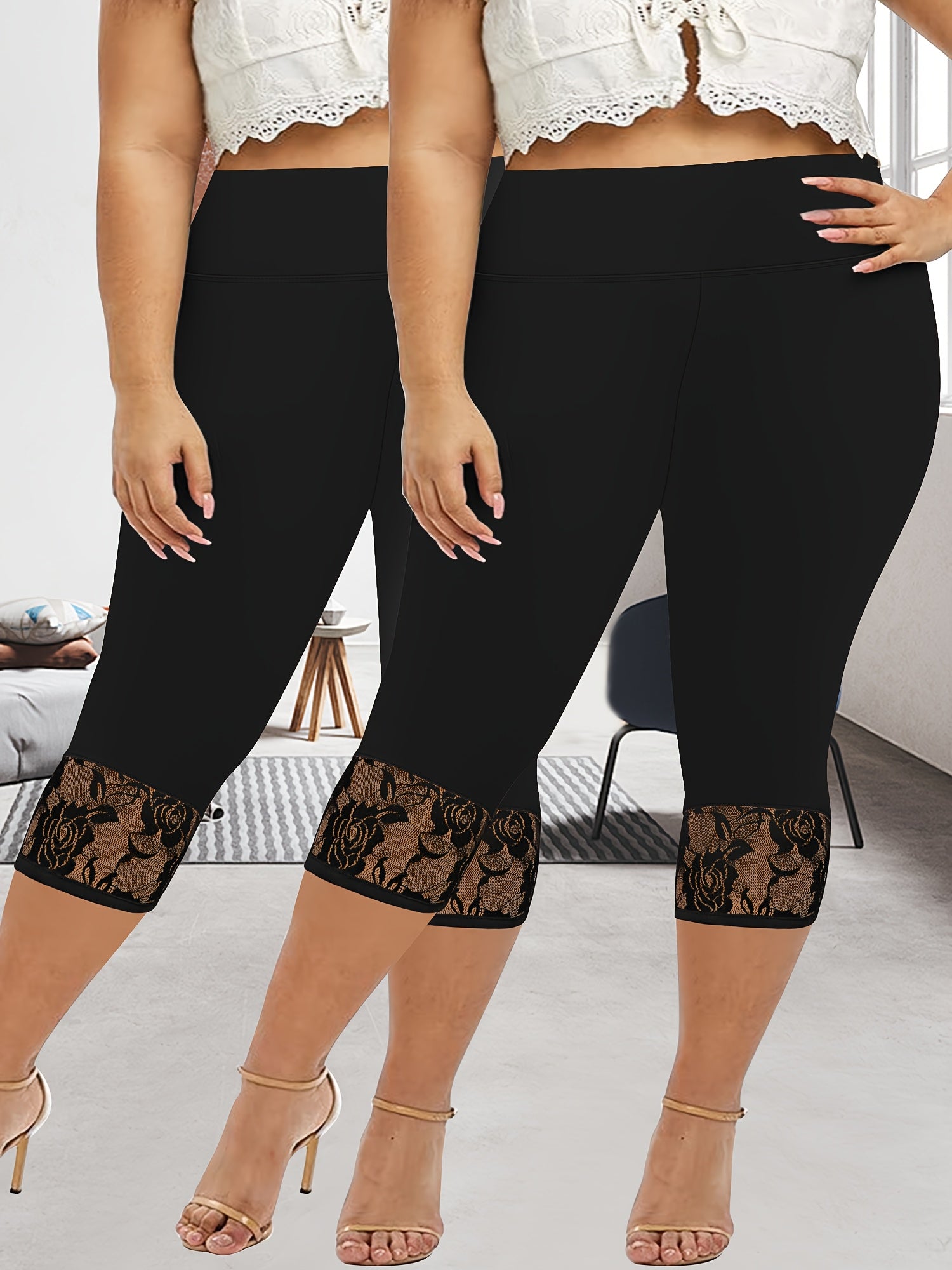 Plus Size High-Waisted Flounce Hem Pants Two-Pack Spring Summer Patchwork Lace