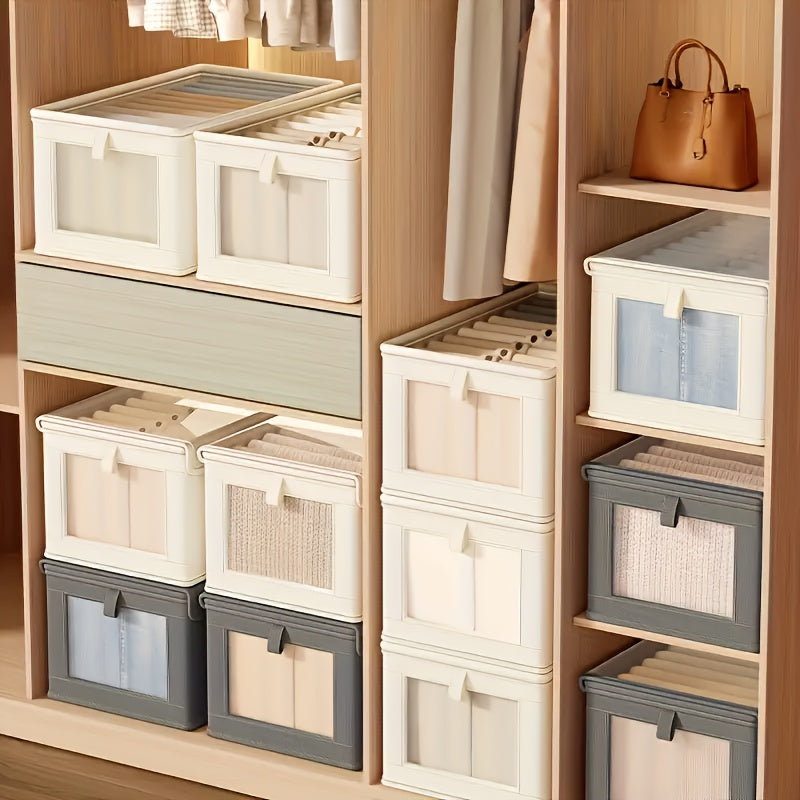 Caja de almacenamiento plegable de tela Oxford beige con ventana transparente para ropa y artículos del hogar