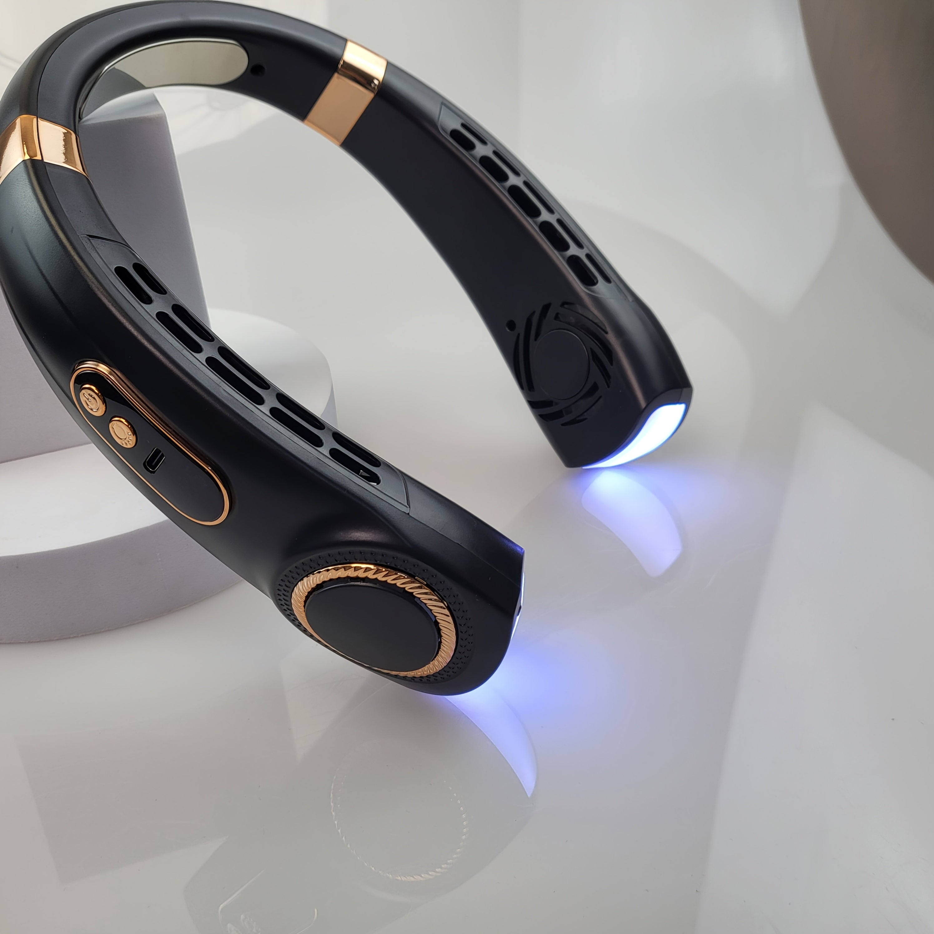 Mini Neck Fan with 5-Speed USB Charging, Colorful LED Lights, 360° Cooling for Outdoor Activities