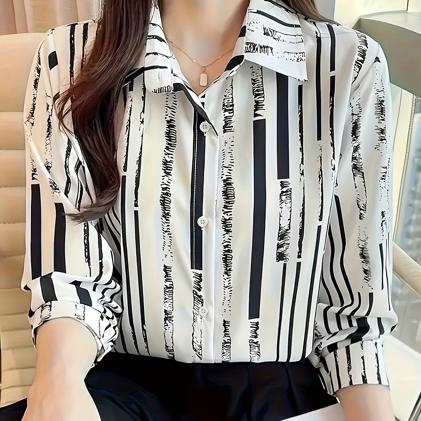 Women's Striped Woven Polyester Shirt with Lapel Collar Long Sleeves Casual Spring Summer Fall