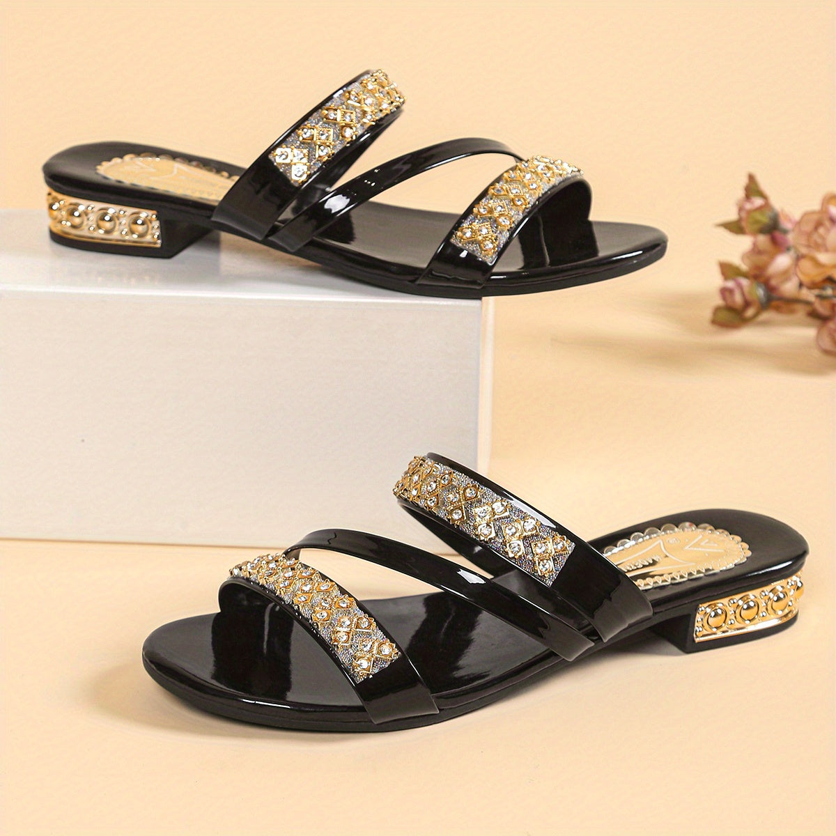 Women's Golden Satin Sandals with Rhinestone Straps Open-Toe Low Heel