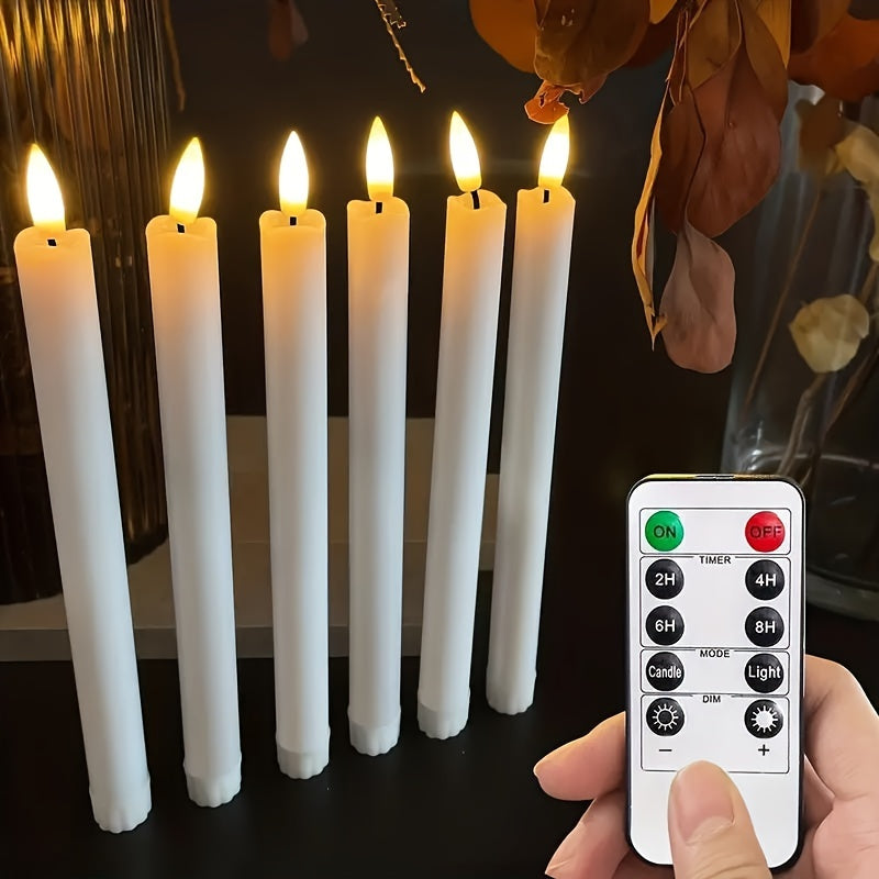 Six Modern LED Taper Candles with Flickering Flame Effect Remote Control Timer Adjustable Lighting Battery-Operated