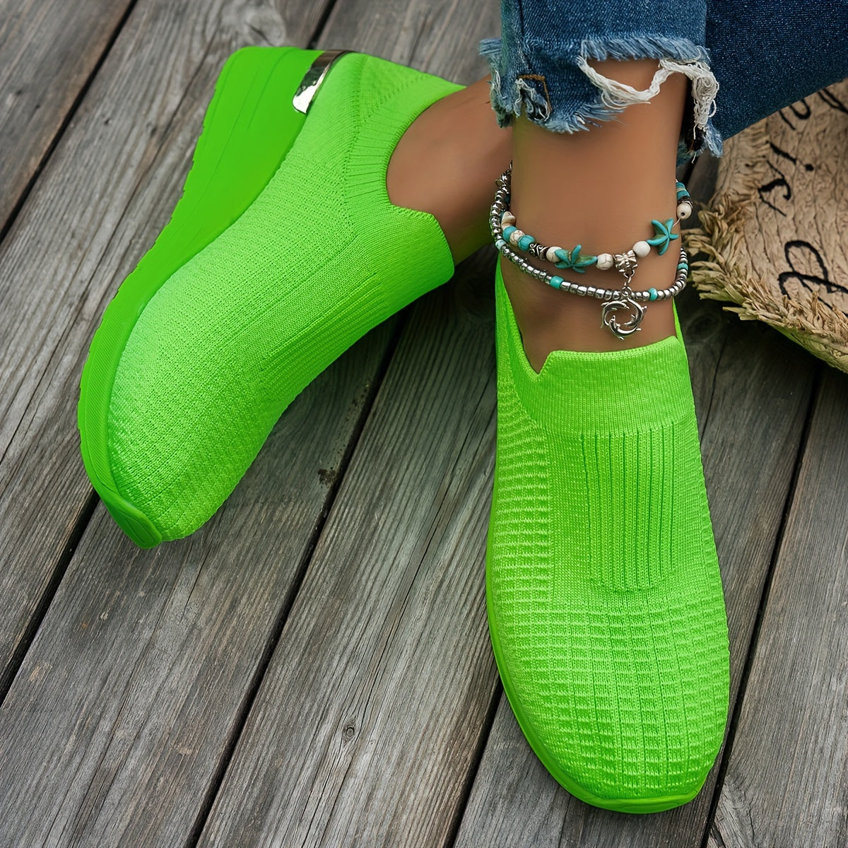 Zapatillas slip-on verdes de malla transpirable para mujer para actividades casuales