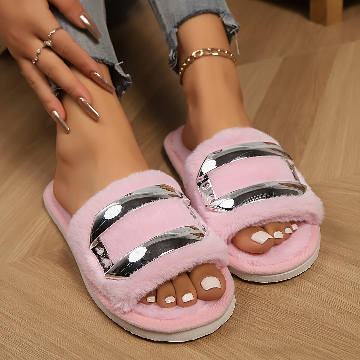 Women Black Satin Slip-On Slippers with Gold Floral Applique