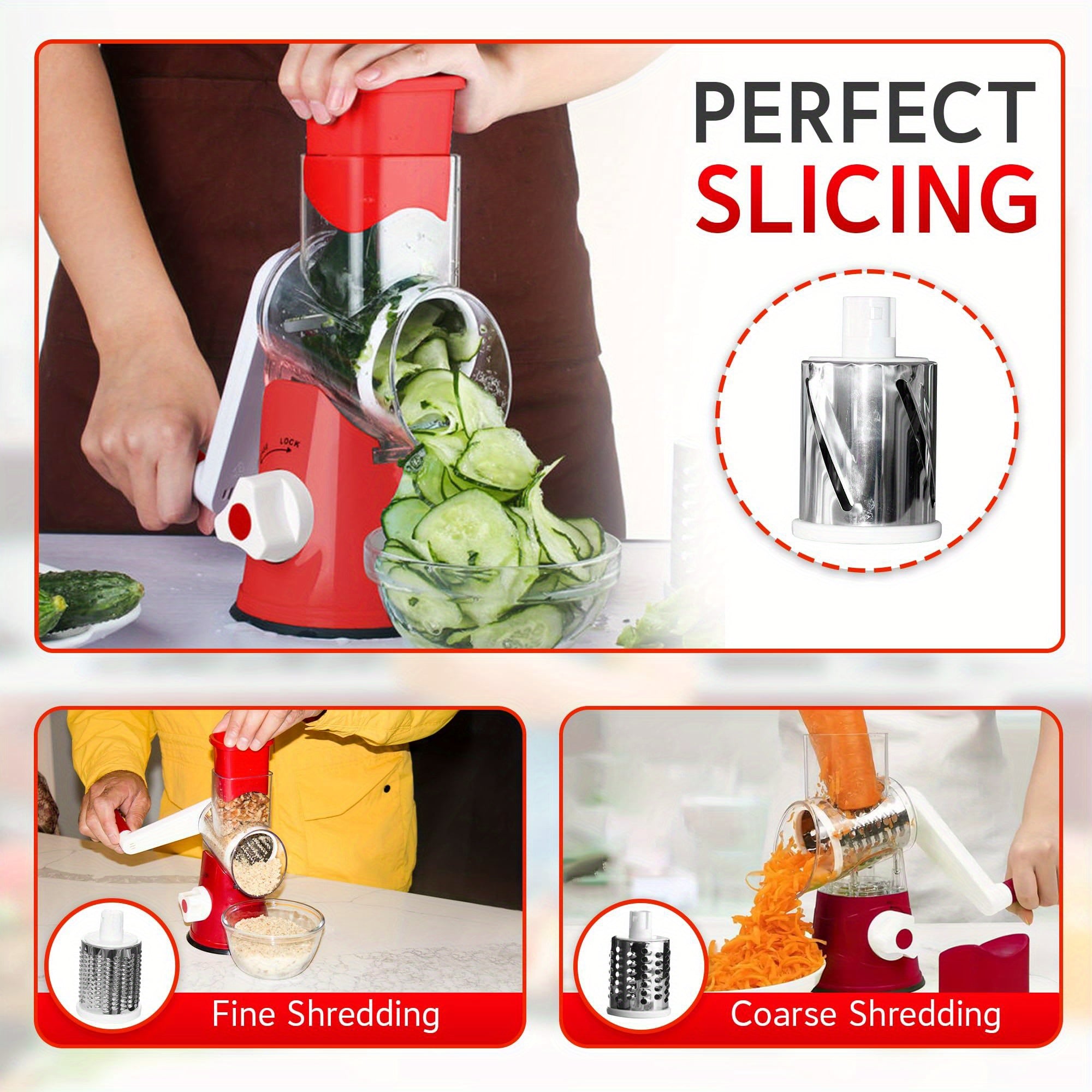 3-in-1 qoʻlda oziq-ovqat rejalashtiruvchi toʻplami, 3 ta pichoq bilan, pishloq, sabzavotlar, mevalar uchun, barabanli kesgich, oson tozalash