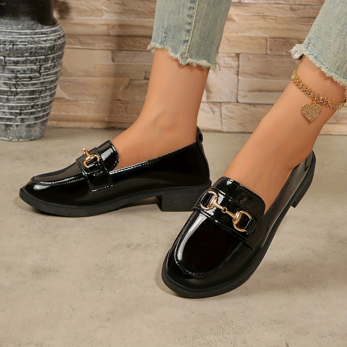Women’s Slip-On Loafers Black PU Metallic Buckle Casual Office Shoes