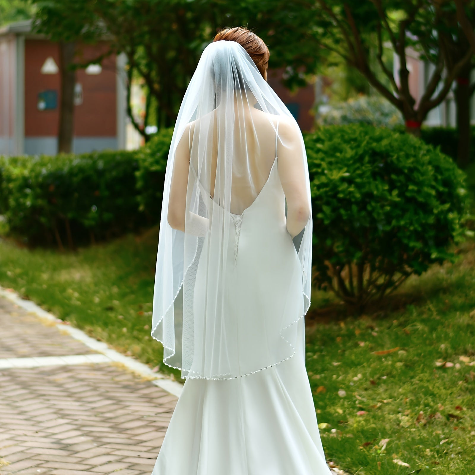 Bridal Veil Fingertip Length Beaded Tulle Wedding Accessory