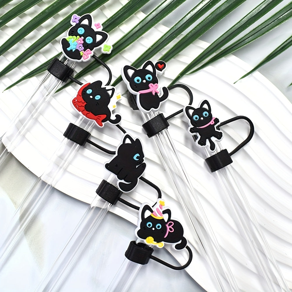 6PCS Black Cat Style Plastic Straw Toppers Reusable Animal Drink Covers