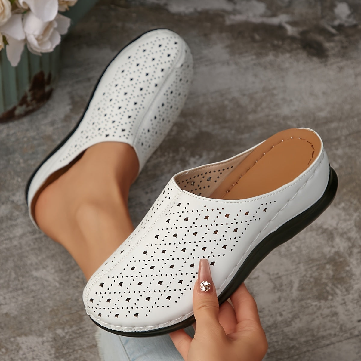 Women's Slip-On Platform Mules with Cut-Out Design Breathable PU Black White